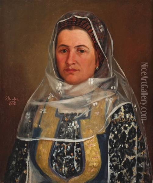 Portret De Femeie In Costum Popular Oil Painting - Sava Hentia