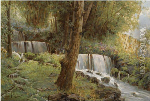 Cascada De Los Fresnos (waterfall At Los Fresnos) Oil Painting - Francisco Pradilla y Ortiz