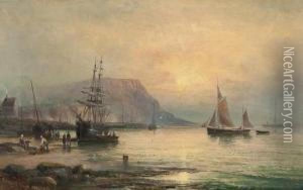 A Fishing Harbour At Sunset Oil Painting - Charles Thornley