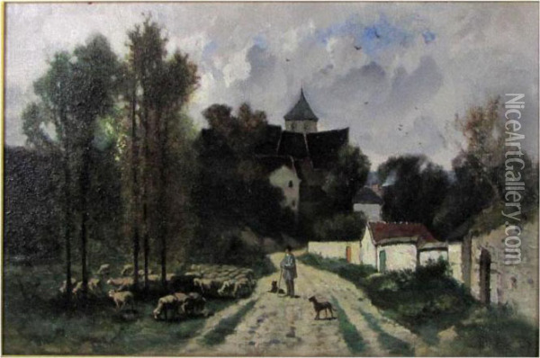 French Village With Shepherd And Flock Oil Painting - Frederick Dickinson Williams