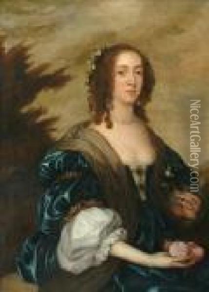 Portrait Of Maryvilliers, 
Duchess Of Lennox & Richmond Half Length, Wearing Ablue Gown, A 
Landscape Beyond Oil Painting - Sir Peter Lely
