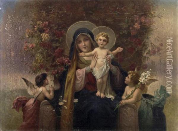 Madonna Im Rosenkranz. Um 1880 Oil Painting - Hans Zatzka