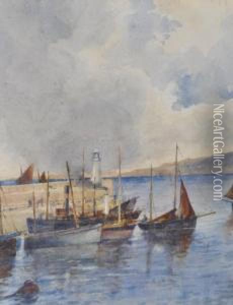 Harbour Scene Possibly Isle Of Man Oil Painting - James MacMaster