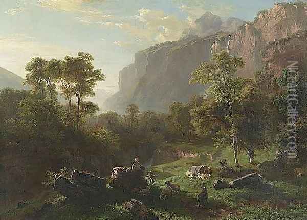 Young herdsman with goats and sheep, 1858 Oil Painting - Johann Gottfried Steffan