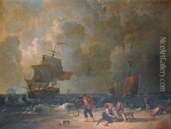 Figures Cockling On A Beach With Boats In A Storm Beyond Oil Painting - Leendert, De Koningh Jnr.
