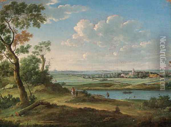 An extensive river landscape with a horseman on a path, a church and town beyond Oil Painting - Hendrik Frans van Lint (Studio Lo)