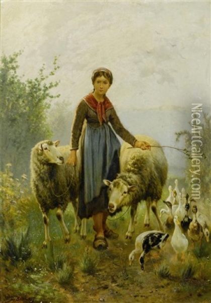 Junge Bauernmagd Mit Schafen Und Gansen Oil Painting - Henri De Beul