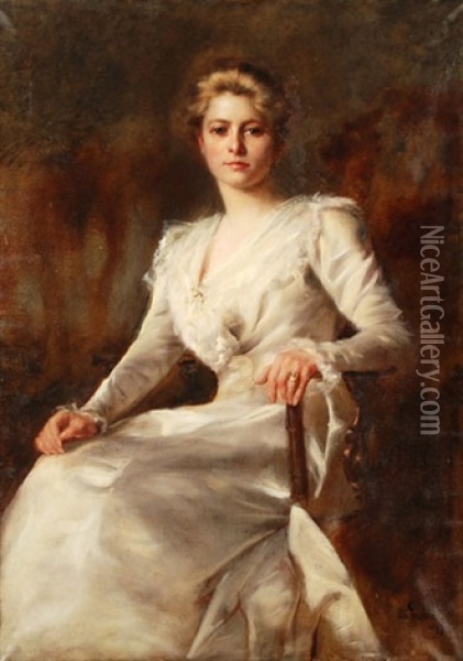 Portrait Einer Eleganten Dame In Weissem Kleid Oil Painting - Otto Propheter