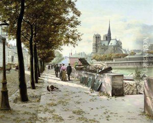 A Book Stall On The Seine, Notre Dame Beyond Oil Painting - Abel Boulineau