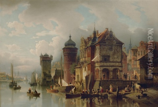 A Busy Harbour Scene Oil Painting - Hermann Meyerheim
