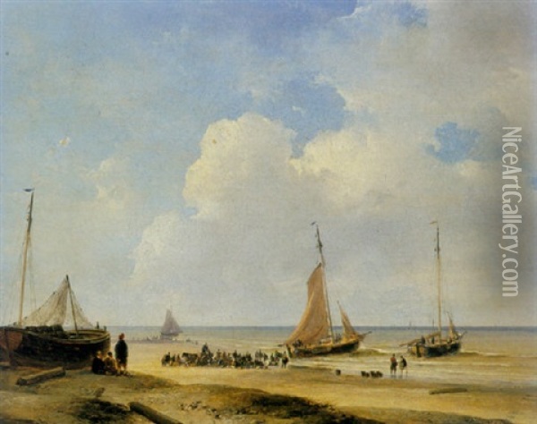 Fishermen With Bomschuiten On The Beach Oil Painting - Andreas Schelfhout