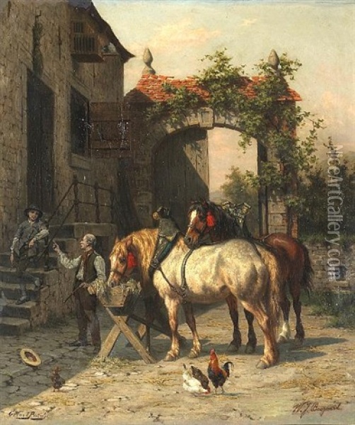 In The Courtyard (in Collab. W/willem Jacobus Boogaard) Oil Painting - Gerard Jozef Portielje