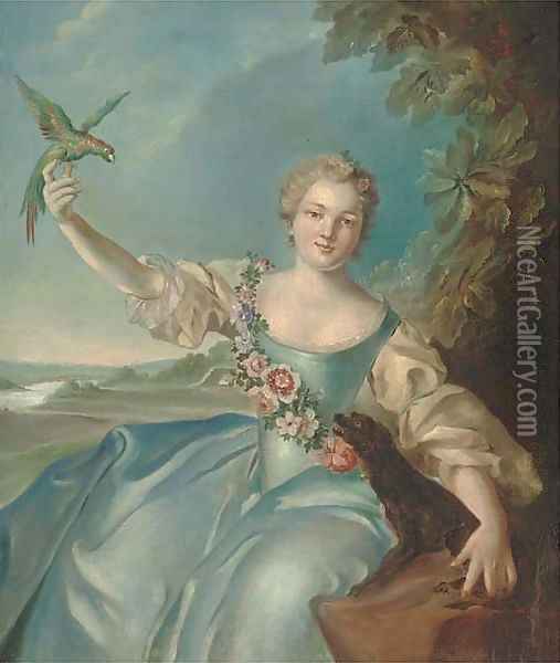 Portrait of Mathilde de Canisy, Marquise d'Antin, seated half-length, with a dog and a parrot Oil Painting - Jean-Marc Nattier