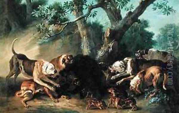 A Wild Sow and her Young Attacked by Dogs, 1748 Oil Painting - Jean-Baptiste Oudry