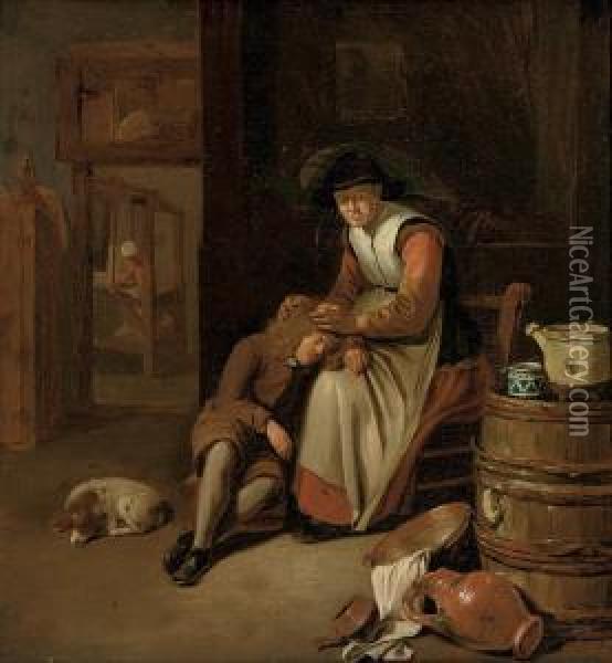 An Old Woman Checking A Young Boy's Hair For Lice Oil Painting - Dominicus van Tol