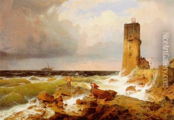 Grosse Marine Mit Leuchtturm Oil Painting - Andreas Achenbach