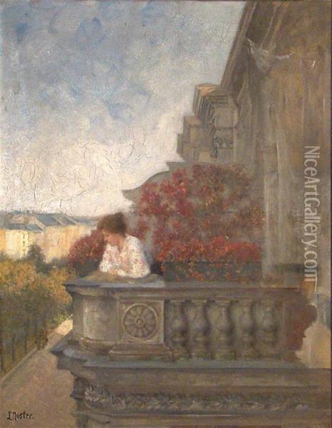 Sommerliche Grosstadt Mit Dame, Von Ihrem Balkon Blickend Oil Painting - Ludwig Noster