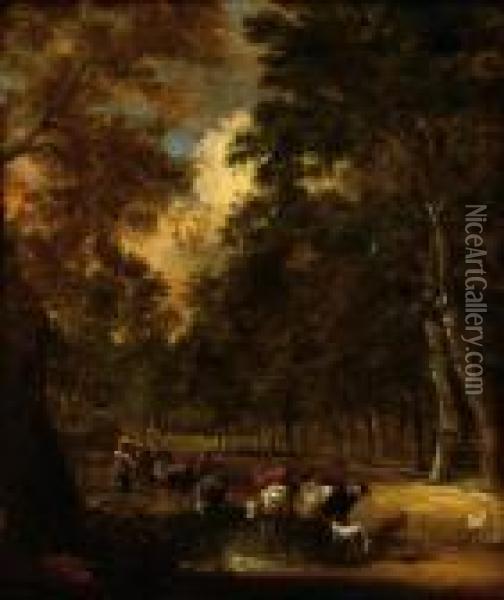 Two Figures With Cows In A Wooded Landscape Oil Painting - Jaques D'Arthois