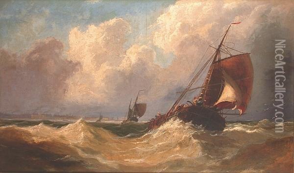 Coasters Reducing Sail In A Heavy Swell Offshore Oil Painting - John Callow