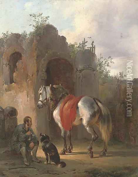 A traveller resting at the ruins Oil Painting - Wouterus Verschuur
