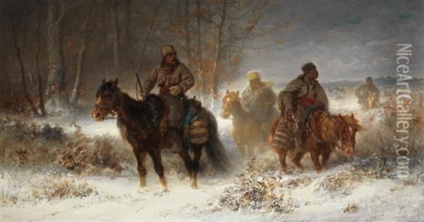 Cosaques A Cheval Dans Un Paysage Hivernal Oil Painting - Adolf Schreyer