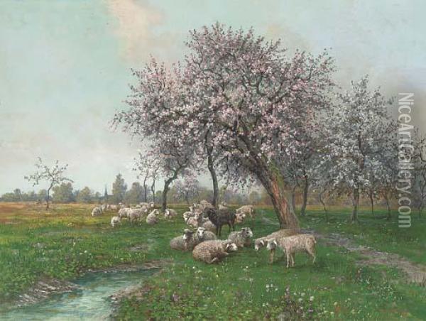 Sheep In An Orchard Oil Painting - Leopold Graninger