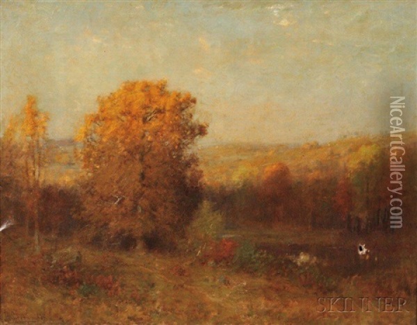 Sun Setting On An Autumn Landscape Oil Painting - Joseph H. Greenwood