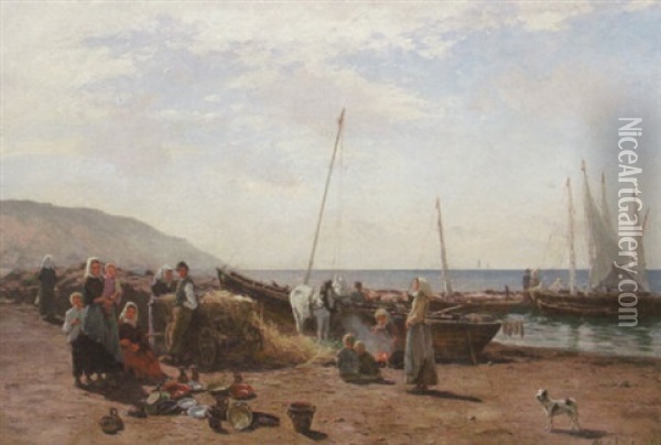 Samling Pa Stranden Oil Painting - Olof August Andreas Jernberg