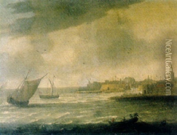A View Of Flushing From The Schelde With The Windmill De Leugenaer On The Left, The Townhall And The Grote Kerk On The Right Oil Painting - Jeronymus Van Diest
