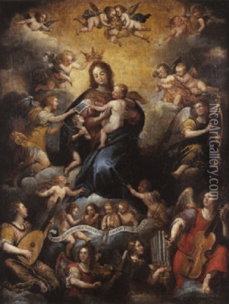 Le Vierge A L'enfant Entouree D'anges Musiciens Oil Painting - Giovanni Battista Carlone
