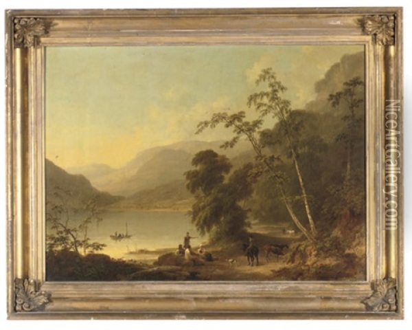 An Extensive Landscape With Rustics Resting On A Track Oil Painting - Joseph Rhodes