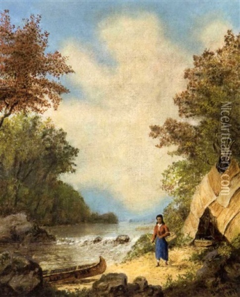 Indian Paddling A Canoe (+ Indian Woman Leaving Her Wigwam; 2 Works) Oil Painting - Edward Scope Shrapnel