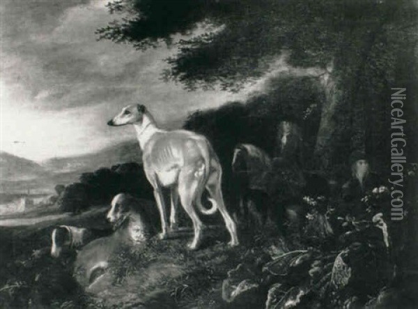 Sportsmen With Greyhounds In A Landscape Oil Painting - Adriaen Cornelisz Beeldemaker