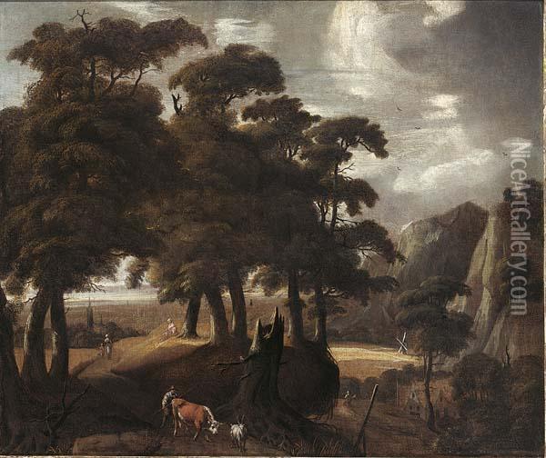 Wooded Landscape With A Peasant 
And His Herd Together With Other Travellers On A
 Path A Village In The Background Oil Painting - Jacques D Arthois