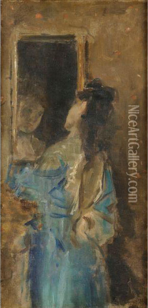 Femme En Bleu Se Regardant Dans Un Miroir Oil Painting - Aime Stevens