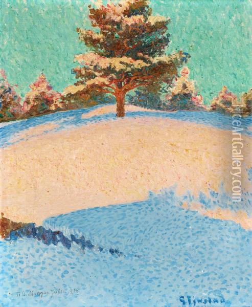 Winter Landscape With Sunlit Pine Oil Painting - Gustaf Fjaestad