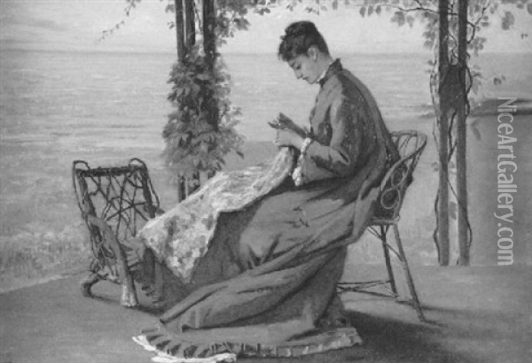 Sewing On The Veranda Oil Painting - Frank Hill Smith