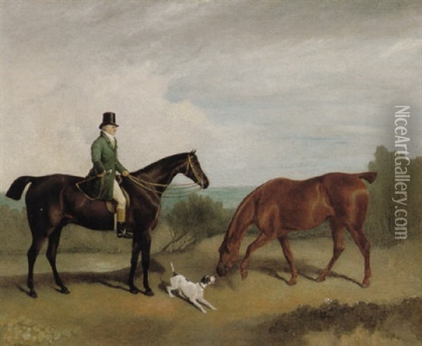 Ralph John Lambton With Two Hunters And A Terrier In A Landscape Oil Painting - Richard Barrett Davis