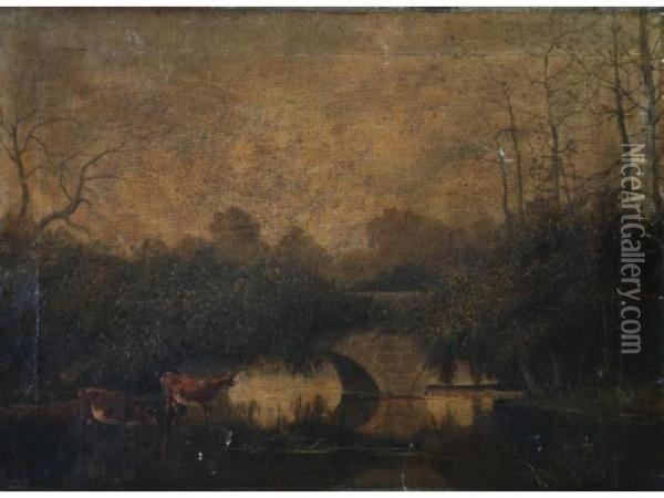 River Landscape With Stone Bridge And Cattle At Water Oil Painting - William Henry Mander