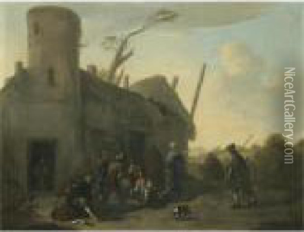 An Outdoor Scene With Peasants Gambling Outside An Inn Oil Painting - Jan Miel