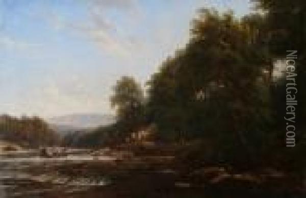 'on The Wye, Near Builth' 't. Baker, 1849', Inscribed With Title On Stretcher Oil Painting - Thomas Baker Of Leamington