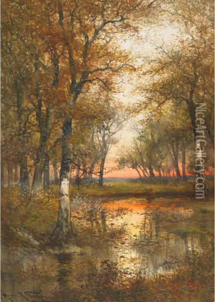 Woodland Pool, Sunset Oil Painting - Hugo Anton Fisher