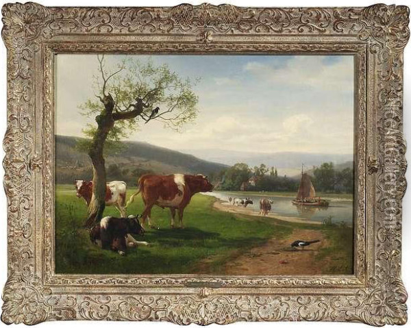 Extensiveriver-landscape With Cows Watering. Oil/canvas, Inscribed Oil Painting - Henry Lot
