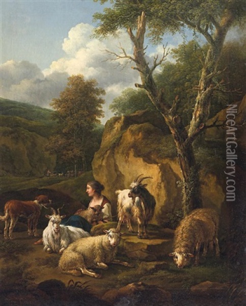 Hirtin Mit Ihren Schafen Und Ziegen Oil Painting - Joseph Roos