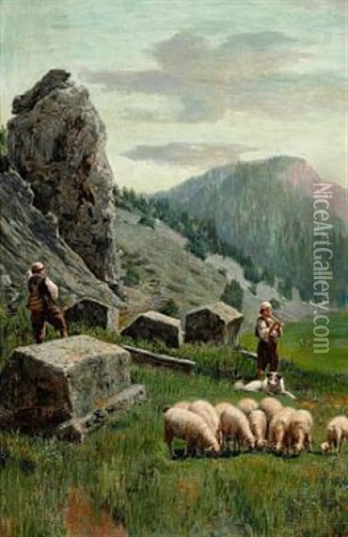 Shepherds In The Mountains With Their Sheep Oil Painting - Spiro Bocaric