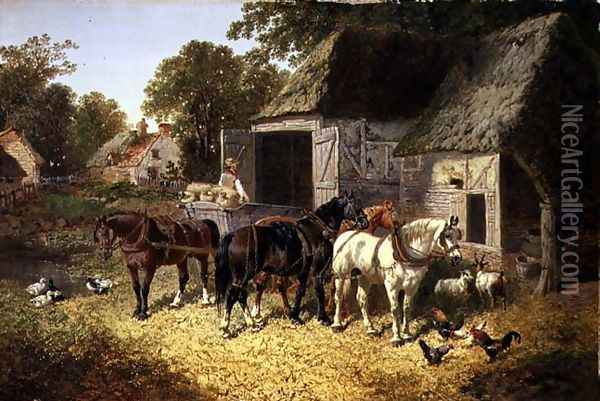 Three Horses at a Haystack Oil Painting - John Frederick Herring Snr