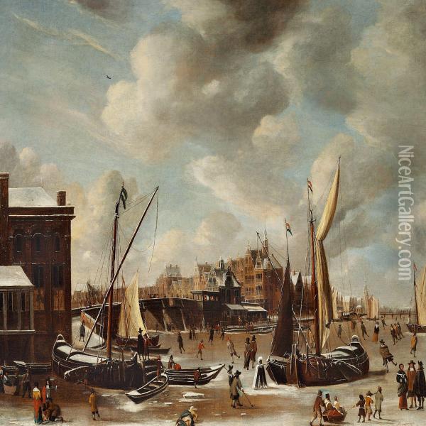 A View At The Nieuwe Brug And The Paalhuis In Amsterdam Oil Painting - Abraham Beerstraaten