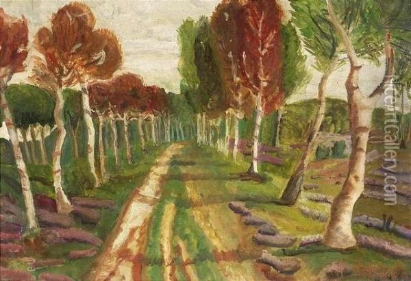 A Tree-lined Way In Autumn. Oil/cardboard, Inscribed Oil Painting - Nicolas Tarkhoff