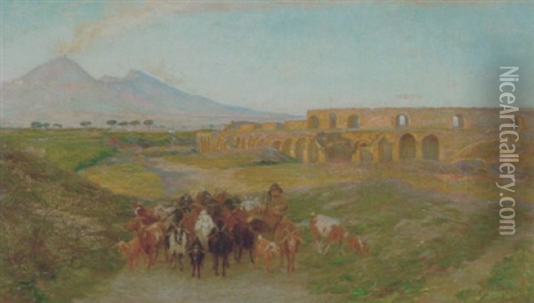 Fra Pompeji Med En Hyrde Og Hans Gedeflok Pa En Sti, I Baggrunden Vesuv Oil Painting - Ole Pedersen