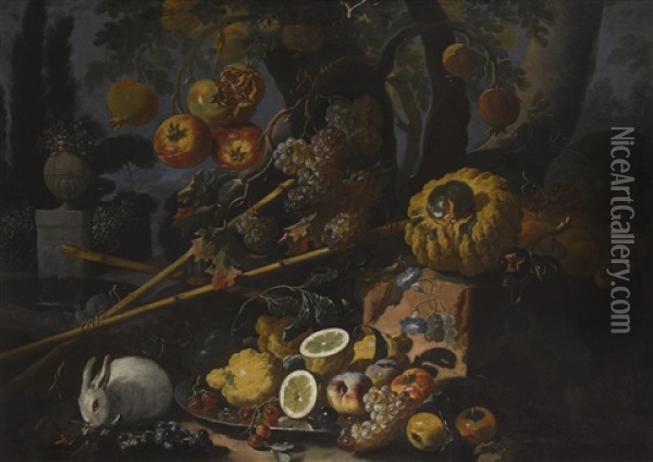Fruit On A Pewter Plate, With A Rabbit On A Forest Floor Oil Painting - Giovanni Paolo Castelli (lo Spadino)
